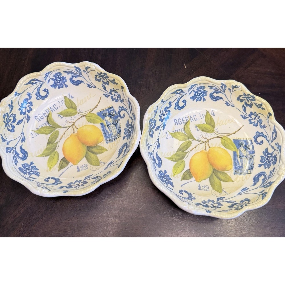 Lot of 2 Shabby Chic Lemon Melamine Blue Floral Postage Stamp bowls cereal, Sala